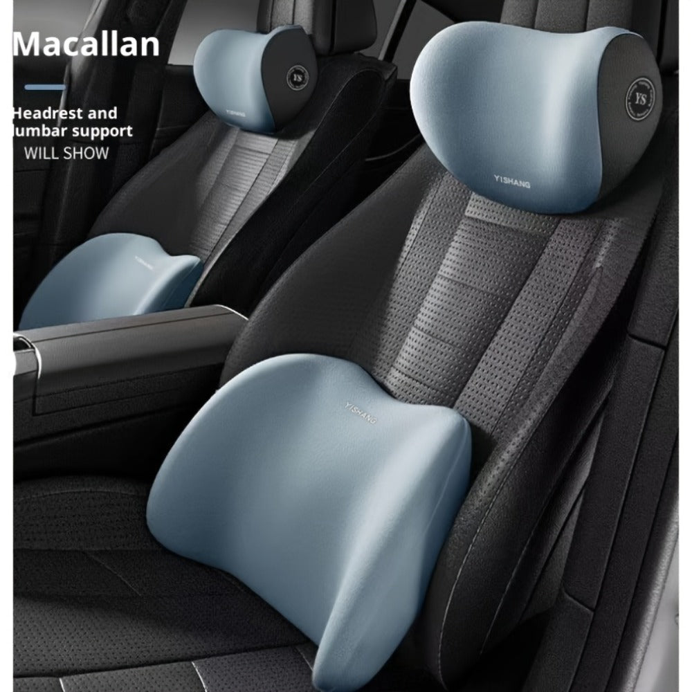 Car Headrest and Lumbar Cushion Set with Sponge Fill, Attachment Straps and Six Color Options for One Seat