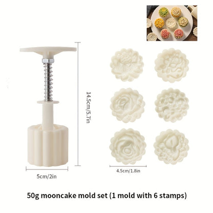Mooncake Mold 7pcs Set, 50g Hand Press Moon Cake Maker with 6 Flower Pattern Stamps, Mid-Autumn Festival Cookie Stamp Pastry Tool