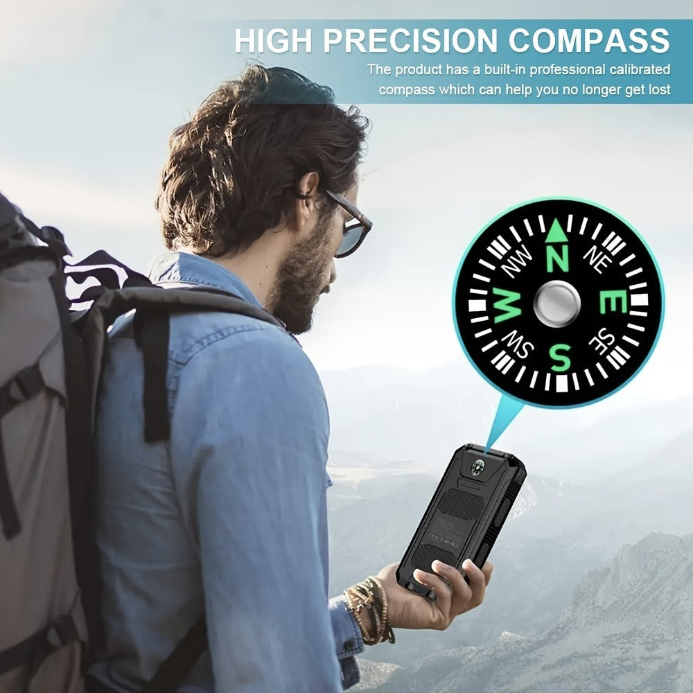 Solar Power Bank, 20000mAh Dual-USB Charger with Solar Panel, LED Flashlight, Compass and Five Color Options