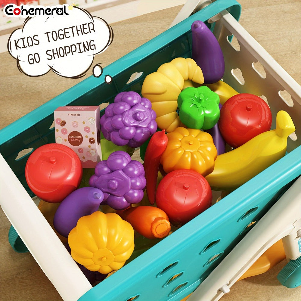 Kids Pretend Play Shopping Cart Toy Set with Realistic Food & Grocery Accessories, Supermarket Role Play for Toddlers Girls Boys Ages 3+