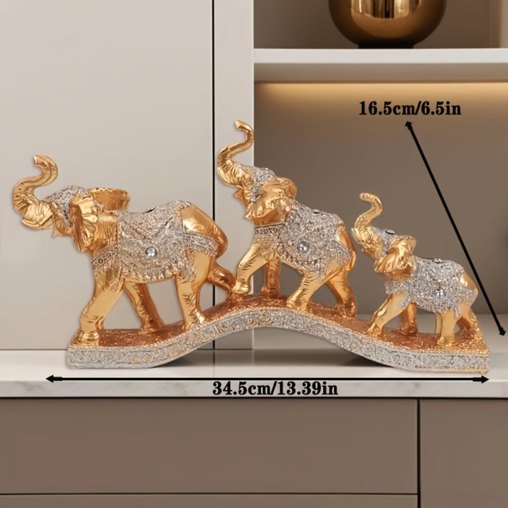 Golden Elephant Figurine Set of 3 – Lucky Elephant Statue Home Decor, Resin Elephant Family Sculpture for Living Room TV Cabinet Office