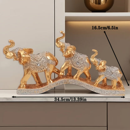 Golden Elephant Figurine Set of 3 – Lucky Elephant Statue Home Decor, Resin Elephant Family Sculpture for Living Room TV Cabinet Office