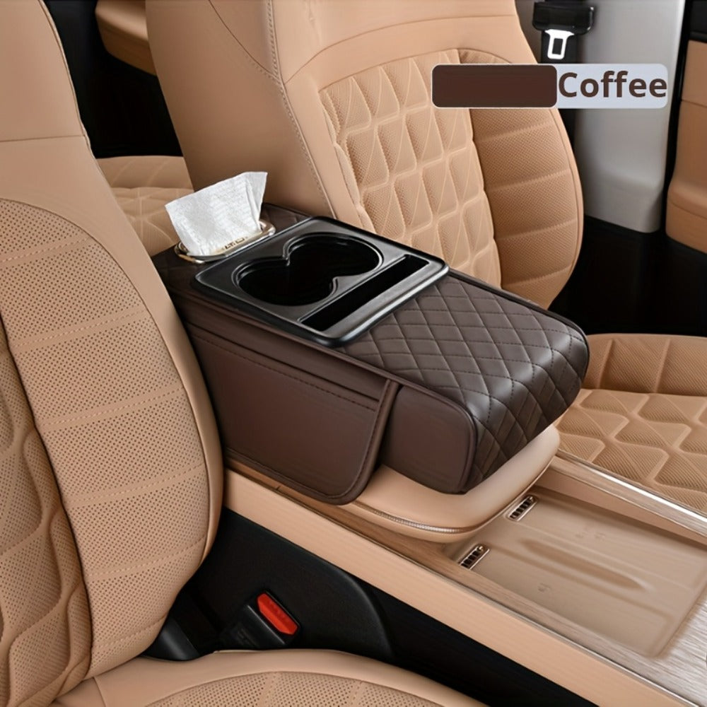 Car Center Console Cover PU Leather – Universal Armrest Box Mat with 2 Cup Holders & 2 Side Pockets, Phone & Card Storage