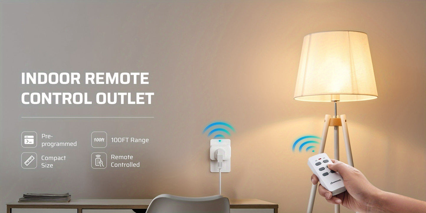 Wireless Remote Control Outlet Switch 100ft RF Range Programmable Expandable Plug-in Remote for Entryways, Bedrooms and Living Spaces