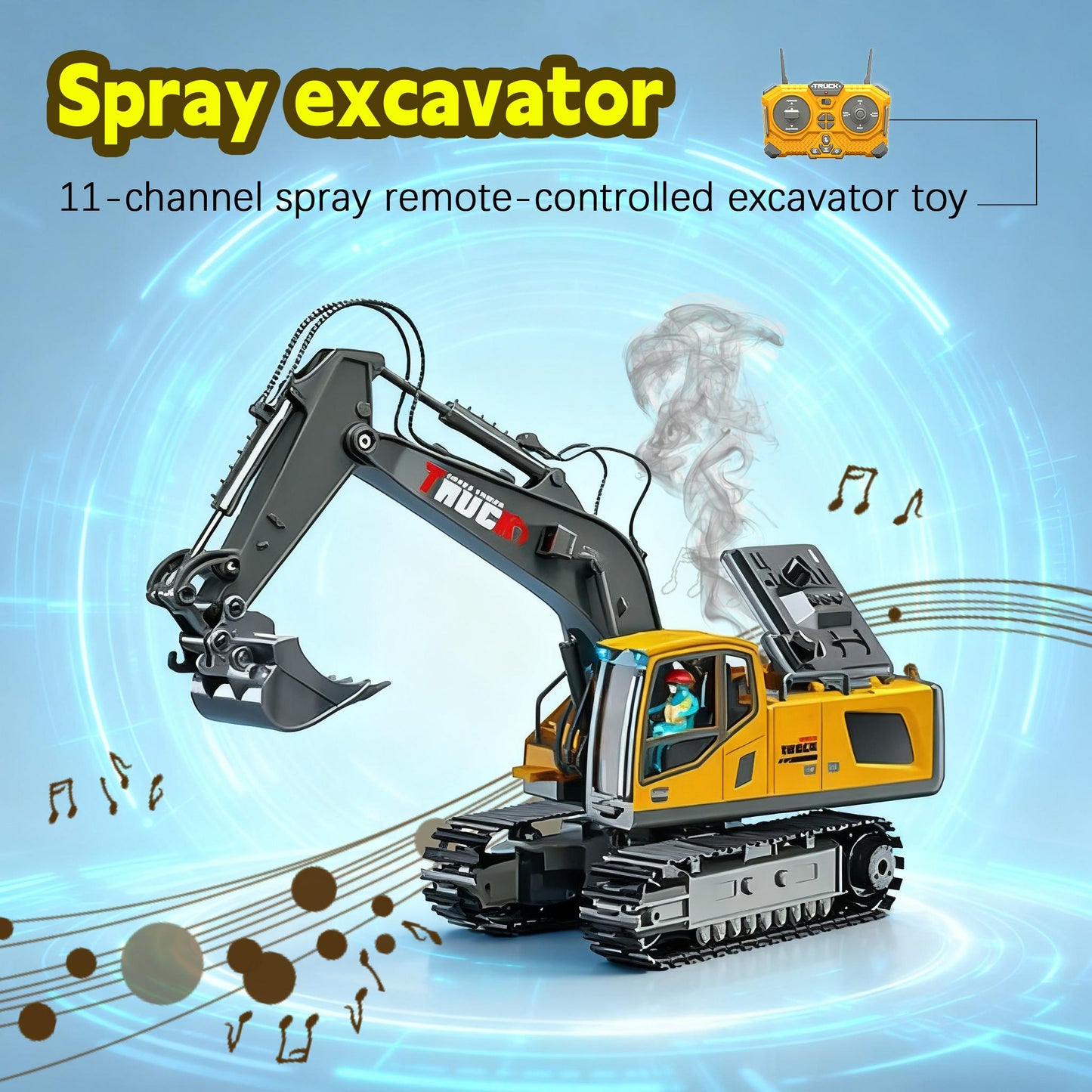 RC Excavator Toy 1:24 Scale 2.4GHz 9-Channel Remote Control with Alloy Metal Cap Lights & Sound Rechargeable Battery