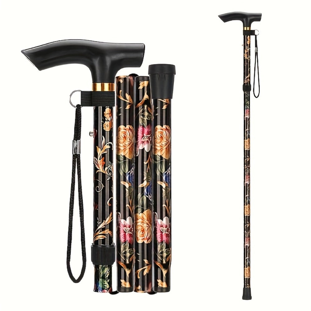 Foldable Walking Cane for Seniors Adjustable Height Folding Stick with Wrist Strap T-Handle for Entryways, Bedrooms and Living Spaces