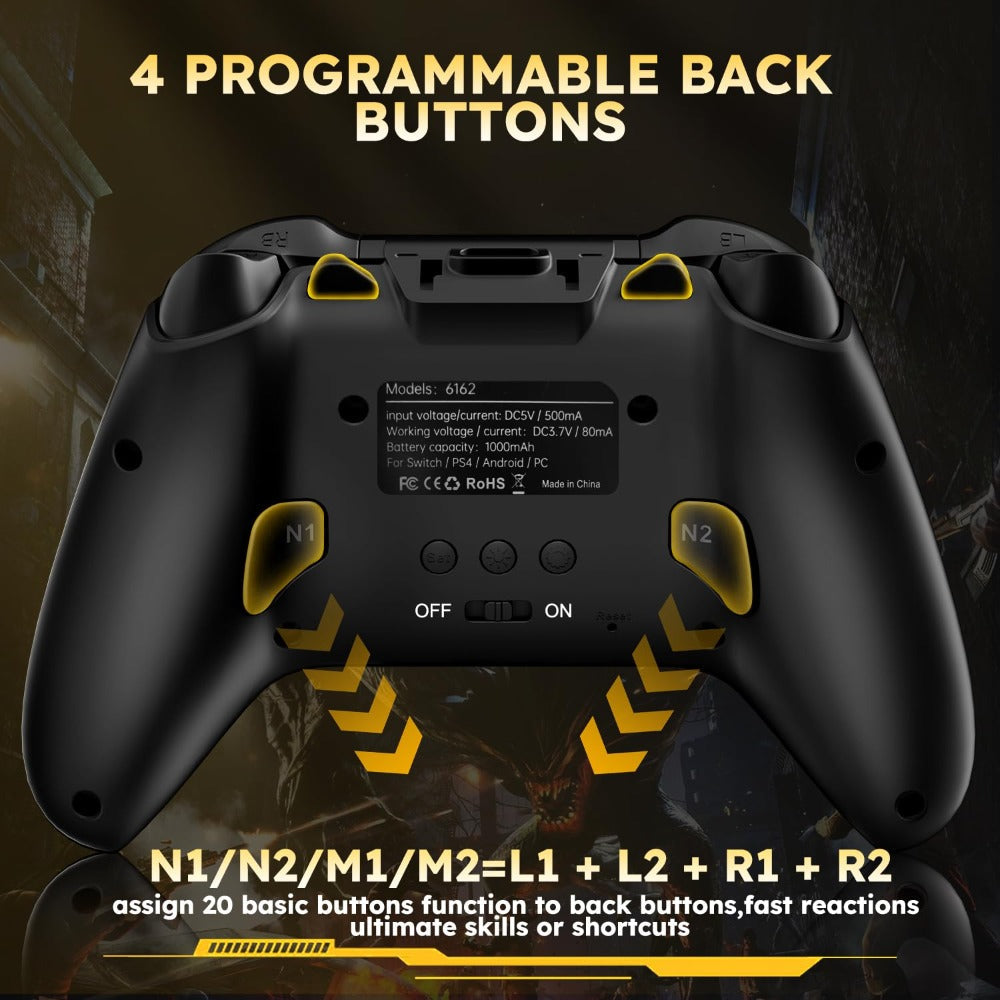 Touchscreen Wireless Gaming Controller in Black with Four Back Buttons and Optional Detachable Phone Bracket