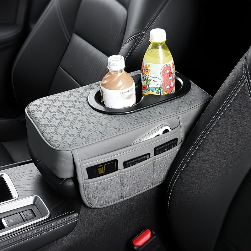 Car Center Console Cover PU Leather – Universal Armrest Box Mat with 2 Cup Holders & 2 Side Pockets, Phone & Card Storage