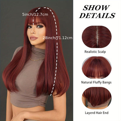 Long Straight Wig with Bangs Burgundy Wine Red 28 Inch Synthetic Heat Resistant Lightweight for Women Daily Wear Holiday Party Cosplay