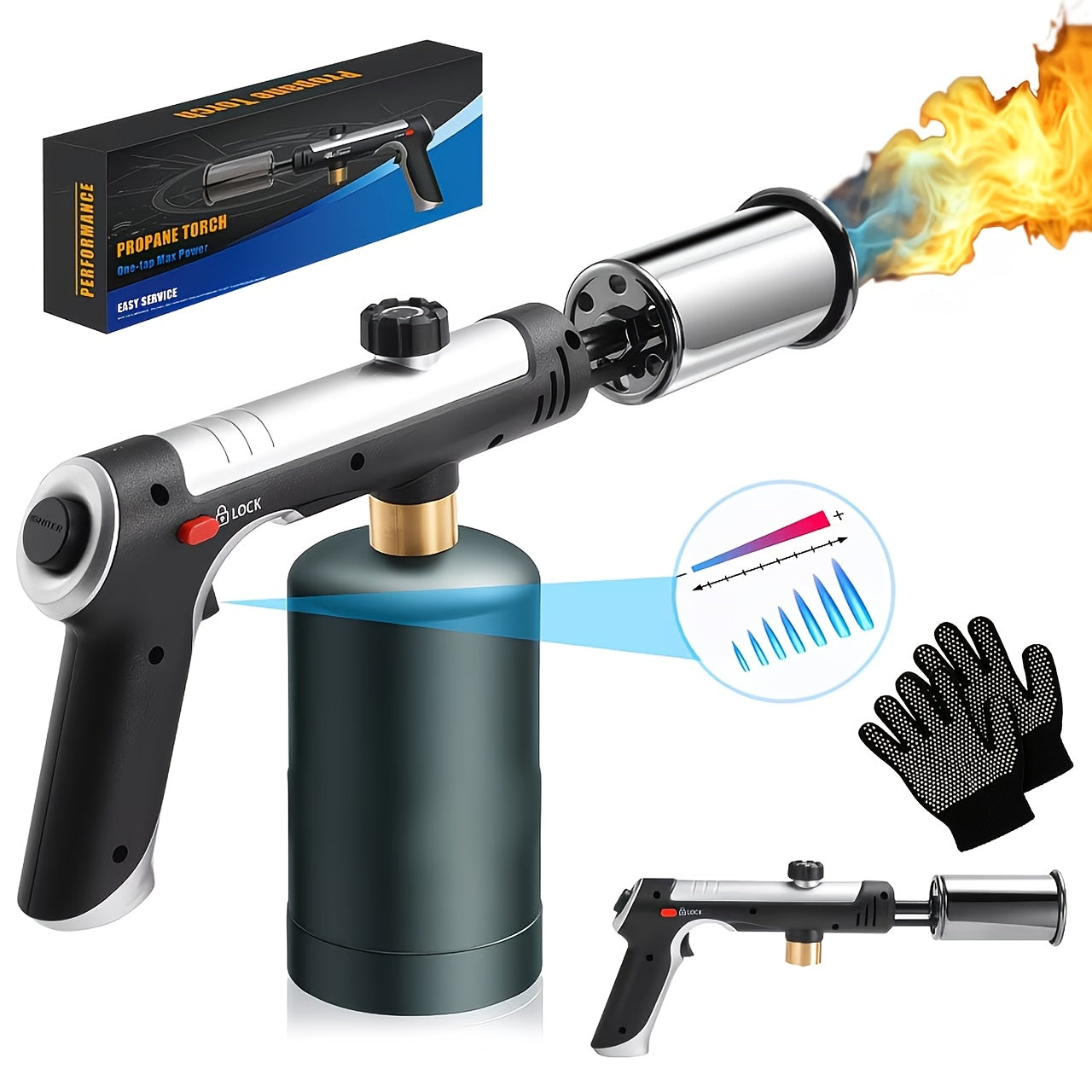Propane Torch Gun with Safety Lock & One-Touch Max Fire, Adjustable Flame Butane Burner for Searing Steak
