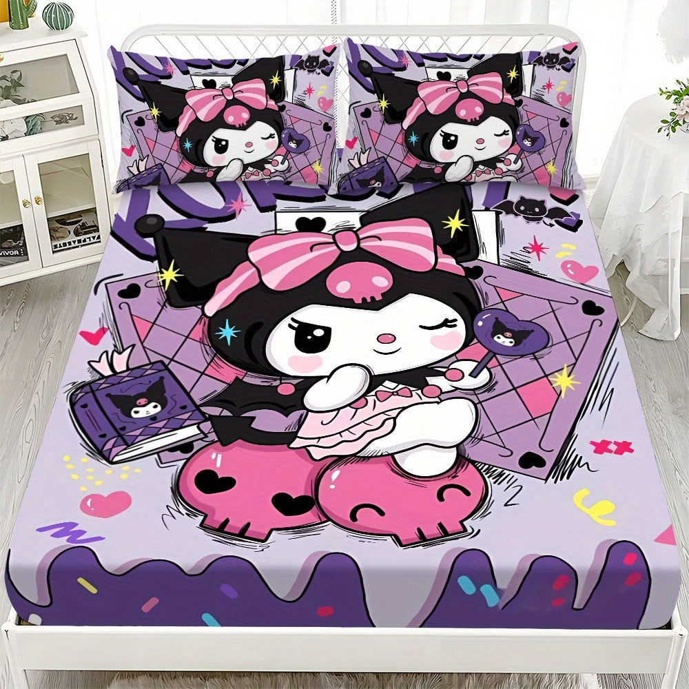 Sanrio Hello Kitty & Kuromi Bedding Set 3pcs, Fitted Sheet & Pillowcases, Polyester, Twin Full Queen King