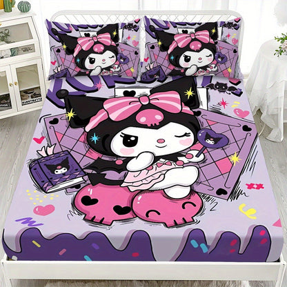 Sanrio Hello Kitty & Kuromi Bedding Set 3pcs, Fitted Sheet & Pillowcases, Polyester, Twin Full Queen King