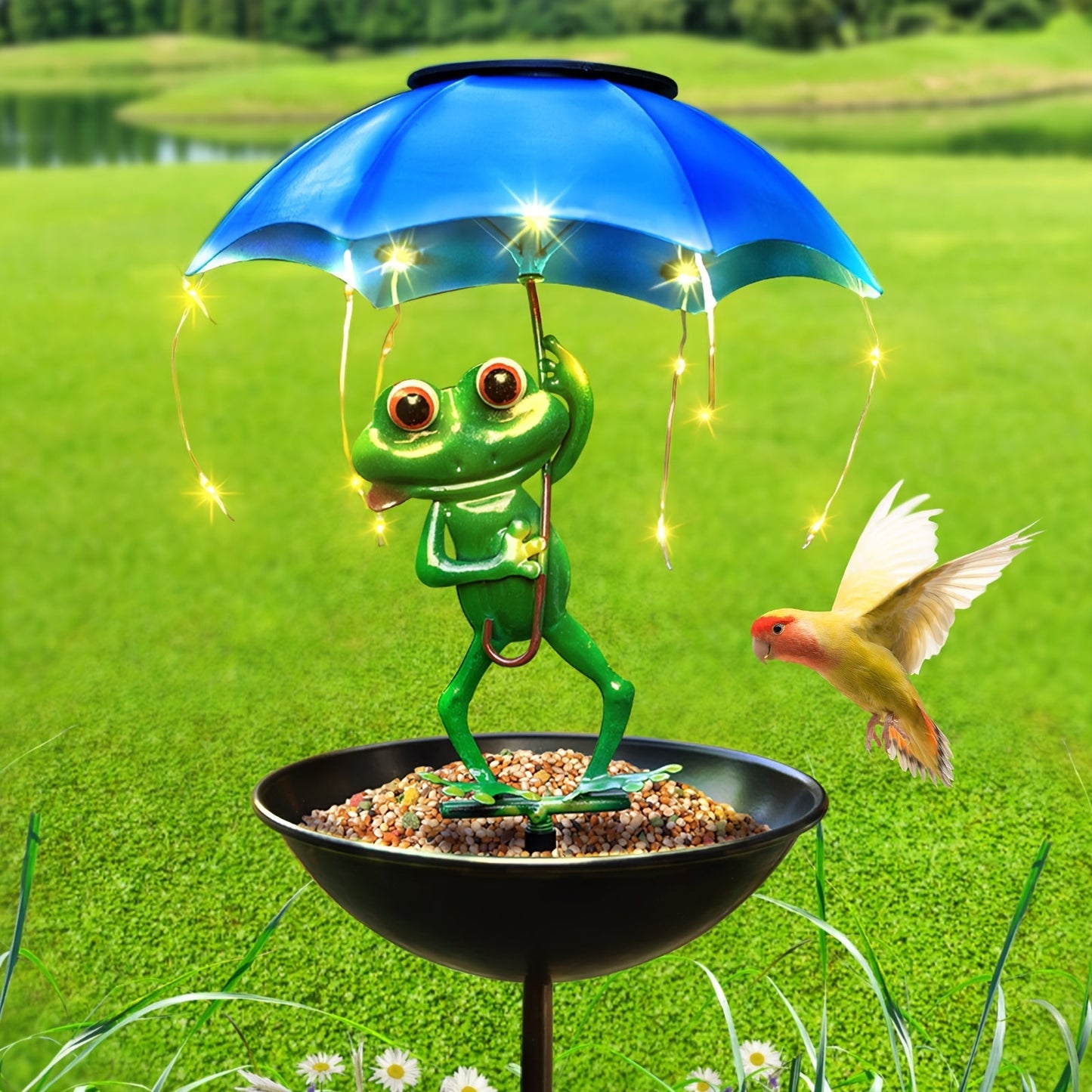 Solar Garden Decor Frog with Umbrella LED Light, Iron Frog Outdoor Statue with Solar Powered LED