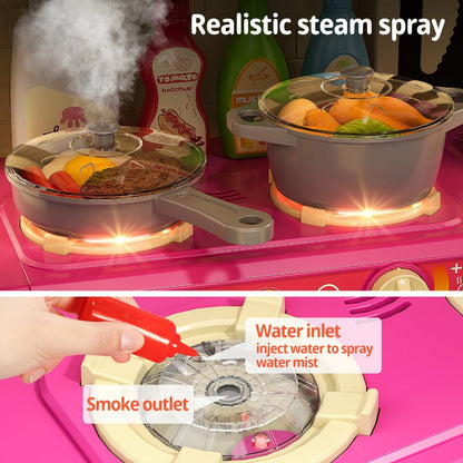 Pretend Play Kitchen Playset with Lights & Sounds, Interactive Toy Kitchen Accessories for Toddlers Ages 3+