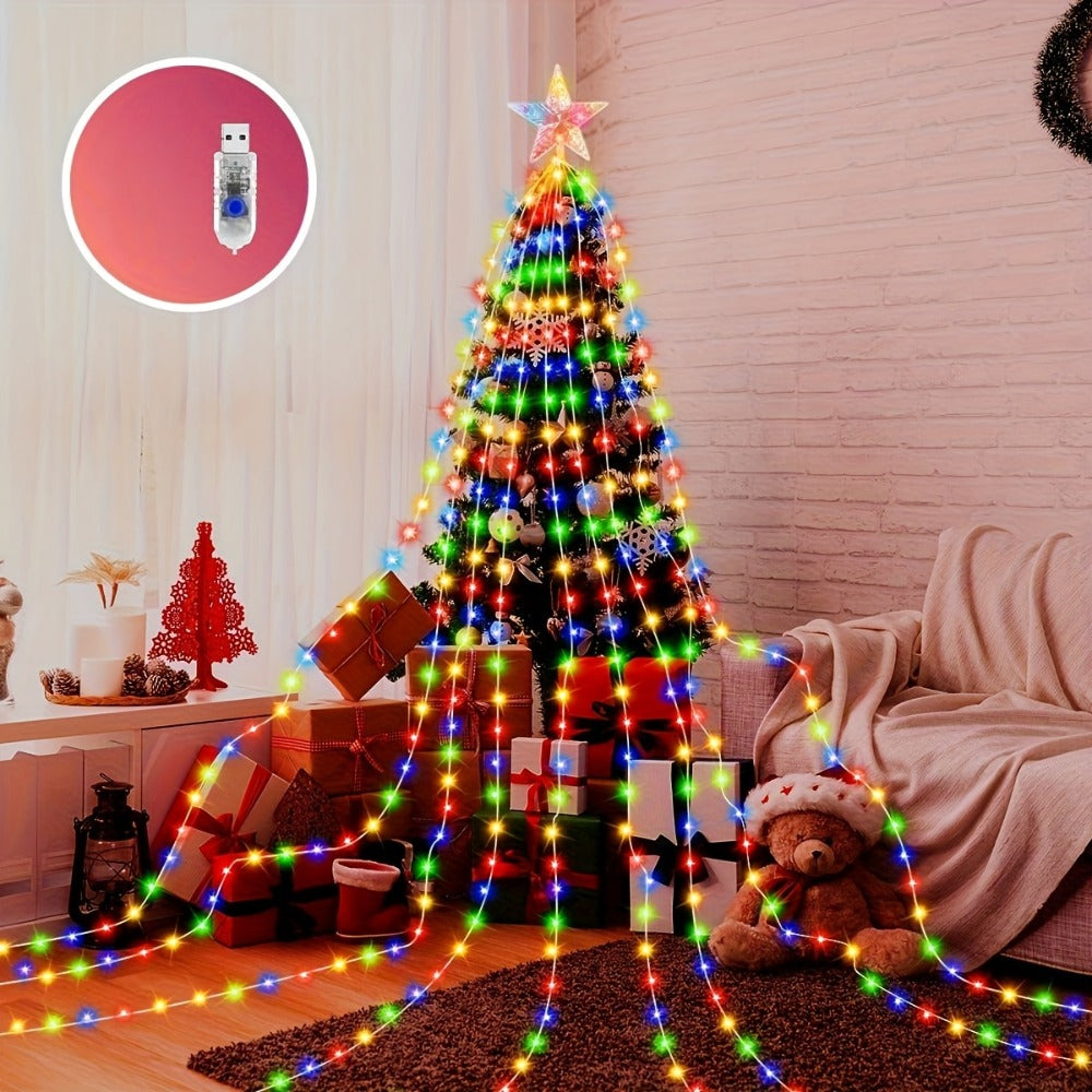 Christmas Tree Waterfall Fairy Lights 200 LED with Star Top Decoration, 8 Lighting Modes, Battery