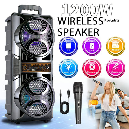1200W PA Bluetooth Speaker with Wired Microphone & LED Lights, Portable Rechargeable Wireless Speaker