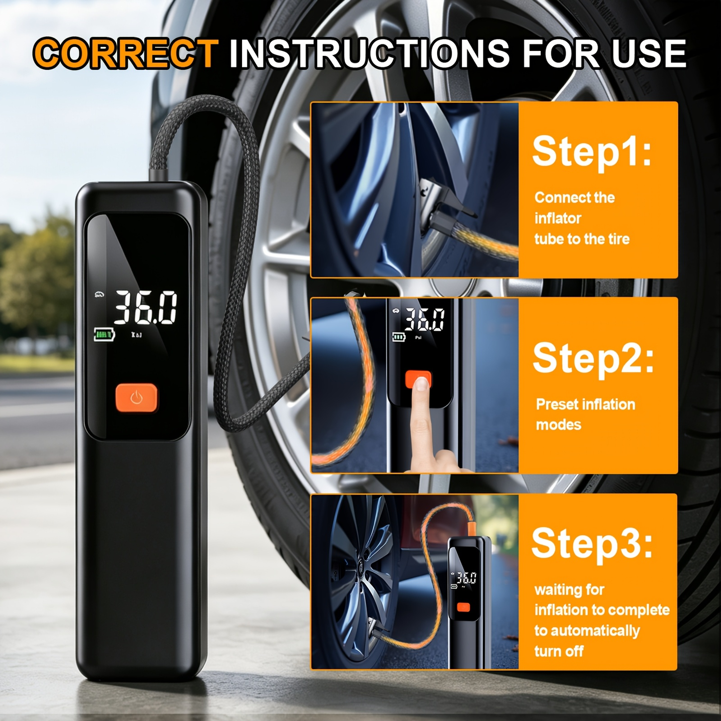 150 PSI Cordless Tire Inflator with Digital Pressure Display, Preset Controls, LED Light and Nozzle Set
