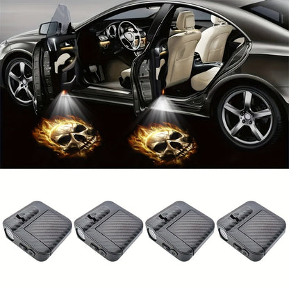 Car Door LED Projector Welcome Light 4-Pack – Flame Skull Ghost Shadow Puddle Lights for Cars & Bikes | Battery Powered | Easy Install Car
