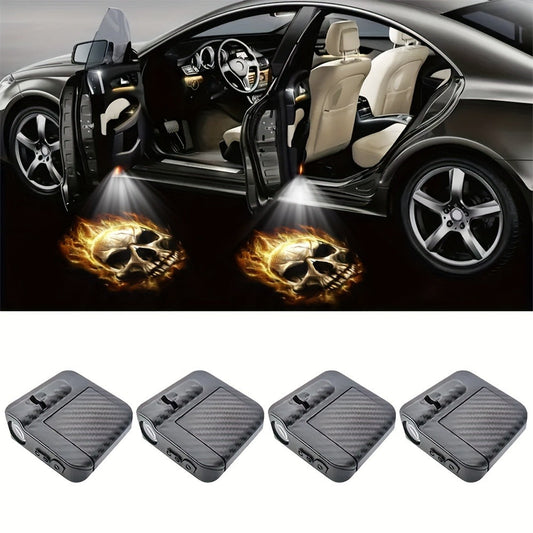 Car Door LED Projector Welcome Light 4-Pack – Flame Skull Ghost Shadow Puddle Lights for Cars & Bikes | Battery Powered | Easy Install Car