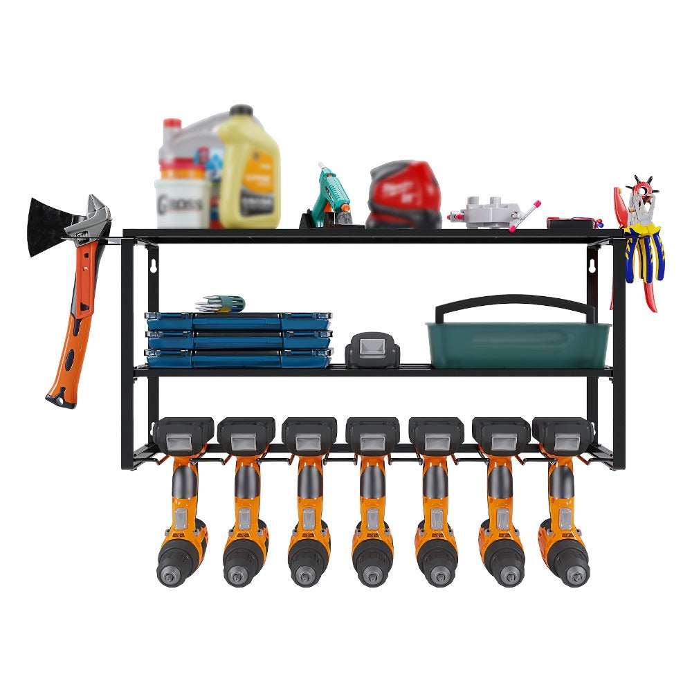 Wall Mount Power Tool Storage Rack, Steel 3-Tier & 4-Tier Garage Tool Organizer with 7 Bit Holders