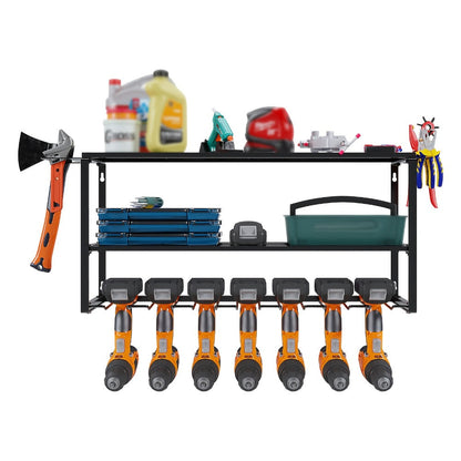 Wall Mount Power Tool Storage Rack, Steel 3-Tier & 4-Tier Garage Tool Organizer with 7 Bit Holders
