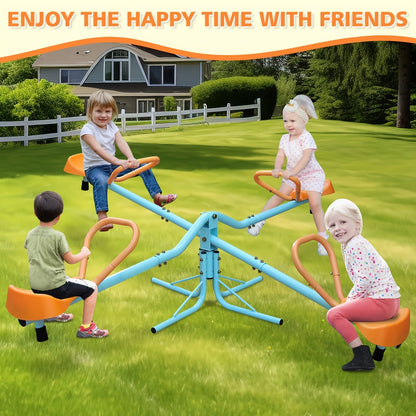 4-Seat Metal Seesaw for Kids Outdoor Backyard Playground – 360 Degree Rotating Teeter Totter with Three-Axle Swivel Design