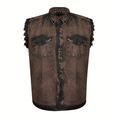 Men's Sleeveless Shirt – Fringe Hem Crew Neck Tank Top, Stonewash Cotton, Regular Fit for Streetwear, Beach & Vacation, Sizes M–XXXXL