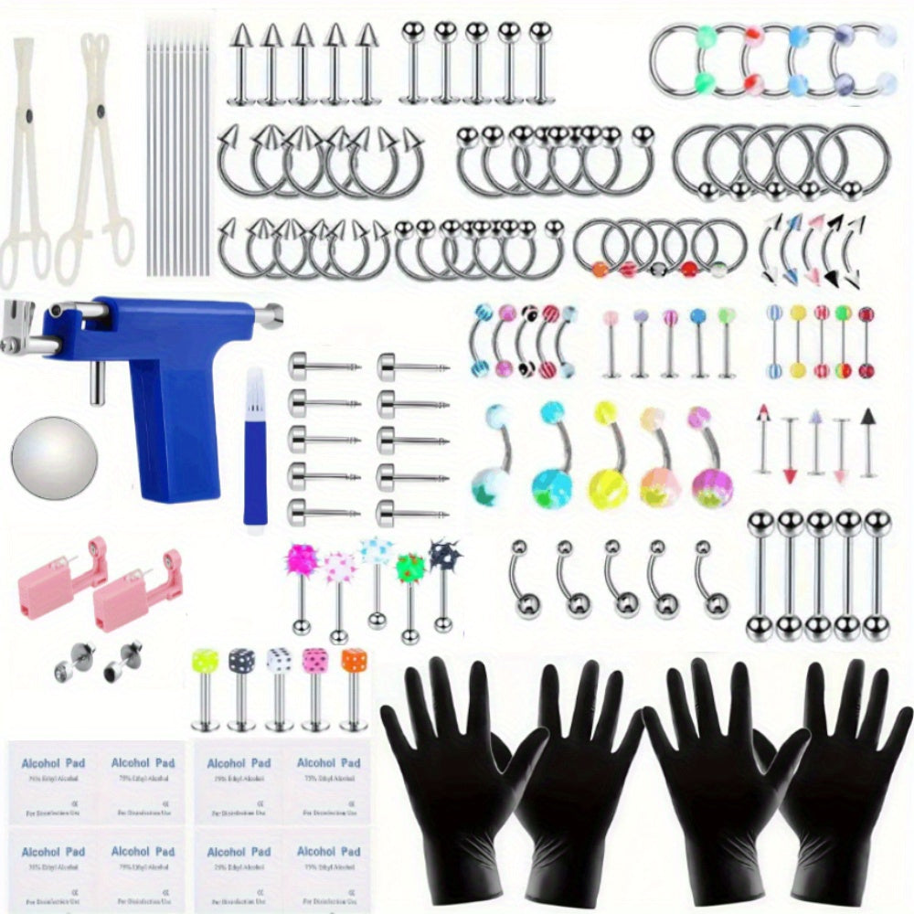 160pcs Body Piercing Kit with Piercing Gun, Professional Jewelry Set for Ear, Nose, Lip & Belly with Stainless Steel & Acrylic Studs