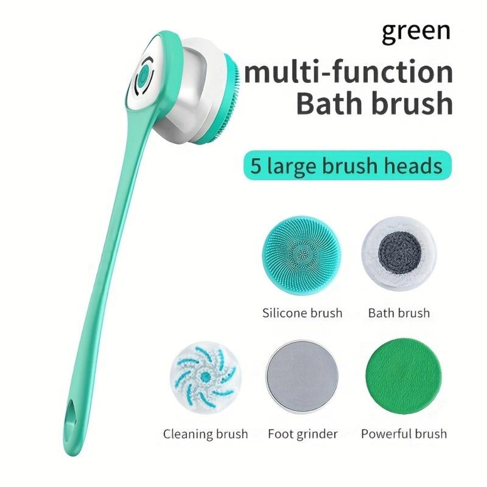 Electric Body Scrubber Brush 5-in-1 Rotating Shower Exfoliator with Long Handle - Bristle Bath Brush for Back Face & Full Body