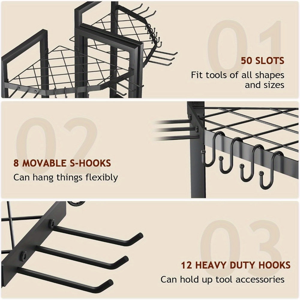 Wall Mount Tool Organizer Rack - Metal Garden Tool Storage with Hooks for Shovels, Rakes & Long-Handled Tools