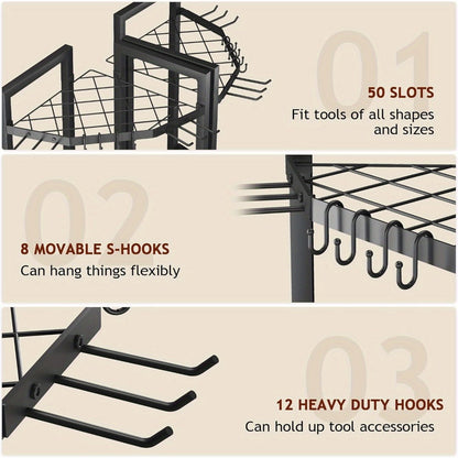 Wall Mount Tool Organizer Rack - Metal Garden Tool Storage with Hooks for Shovels, Rakes & Long-Handled Tools