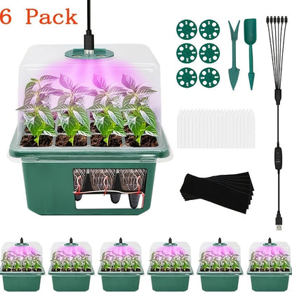 Seed Starter Kit 6-Pack with Grow Light Timing Controller, Adjustable Brightness Thickened Humidity Dome Heightened Lid