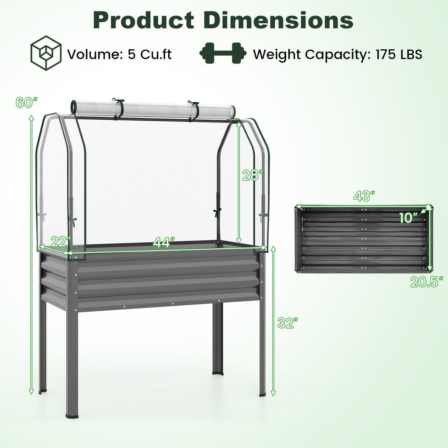 Elevated Raised Garden Bed with Greenhouse Cover 3-in-1, 44"x22"x60" Electroplated Metal Planter Box with Legs