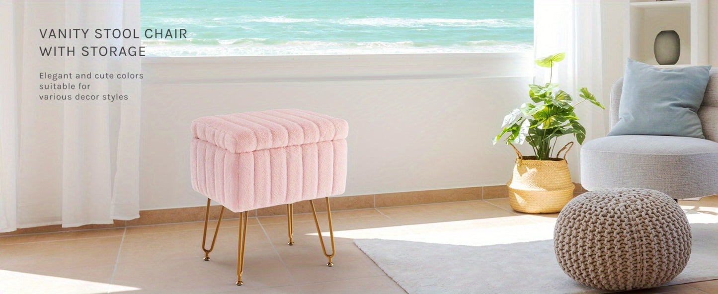 Faux Fur Storage Ottoman Stool, Furry Vanity Seat with Storage, 4 Metal Legs & Feet, Cute Modern Multi-Function Chair for Bedroom