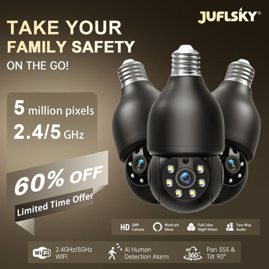 Security Camera 5MP Light-Bulb Model with Dual-Band WiFi, 360 Pan-Tilt, Color Night Vision and 1 or 2 Pack