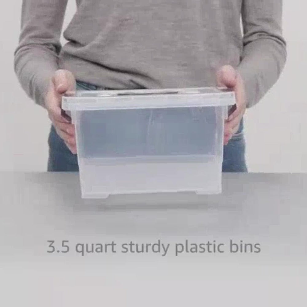 Six-Pack 3.5-Quart Clear Storage Bin Set with Brown Latches, Lid Handles and Stackable Shape