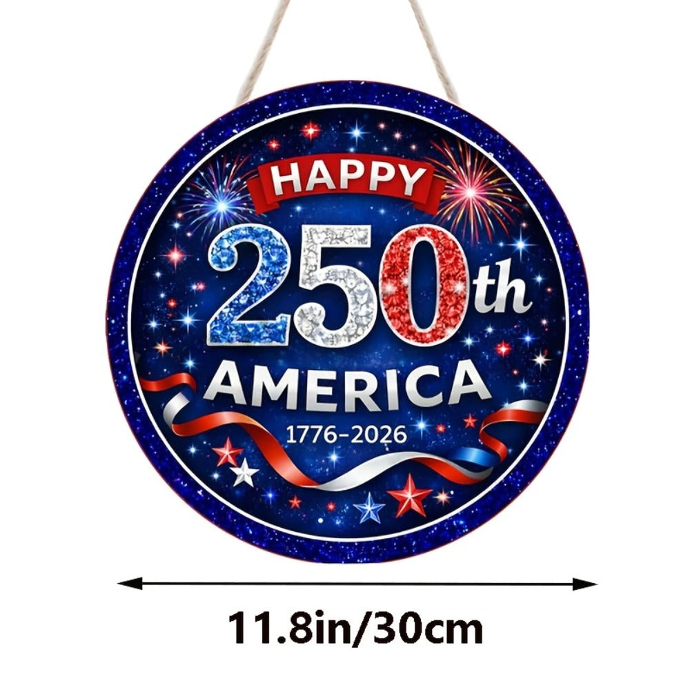 Patriotic Wooden Door Sign 250th Anniversary 1776-2026 Retro Round Wreath 4th of July Independence Day Hanging Decoration Home Porch Outdoor