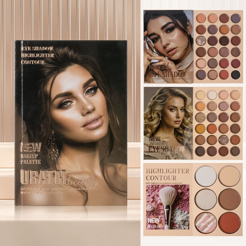 3-in-1 Eyeshadow Blush Highlighter Palette Loose Powder Book-Style Folding Compact Buildable, for Makeup, Travel and Everyday Vanity Use