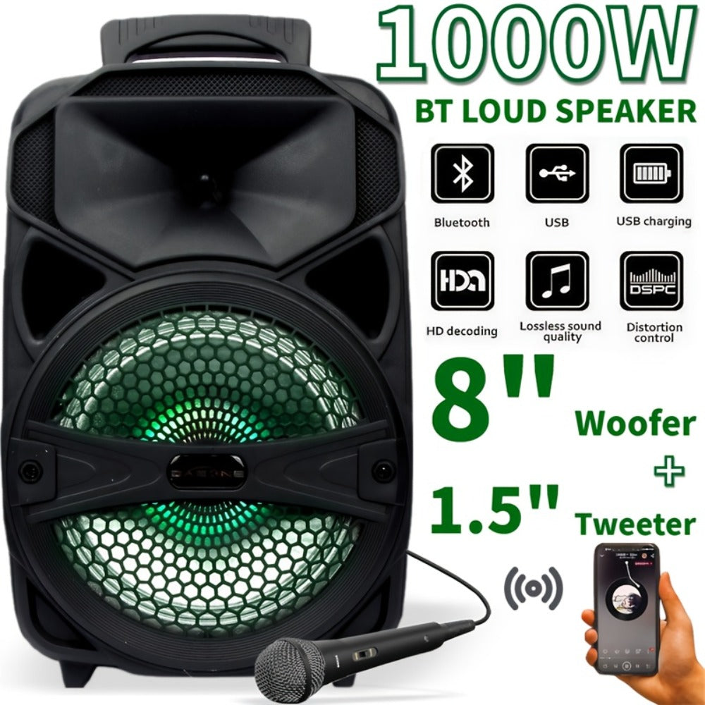 1100W Party Speaker with 7-Mode LED Lighting & Microphone, Portable Wireless Subwoofer, 8-Inch Bass Driver