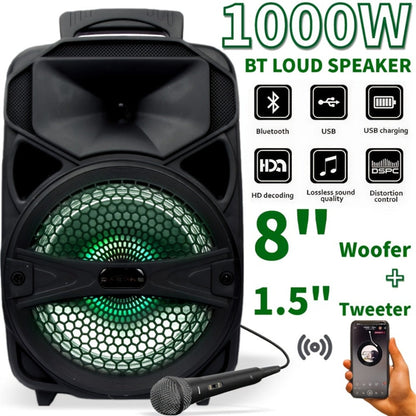 1100W Party Speaker with 7-Mode LED Lighting & Microphone, Portable Wireless Subwoofer, 8-Inch Bass Driver