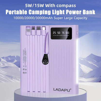 Power Bank for Camping, 10000-30000mAh with 15W Charging, Four-in-One Cable and Four-Mode Camping Light