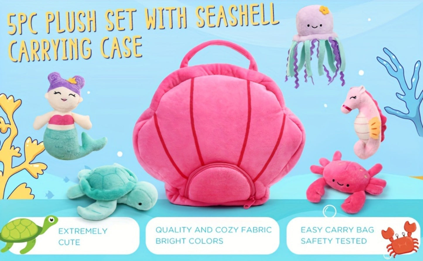 Plush Toy Five-Piece Ocean Creature Set with Mermaid, Sea Animals and Pink Shell Carry Bag