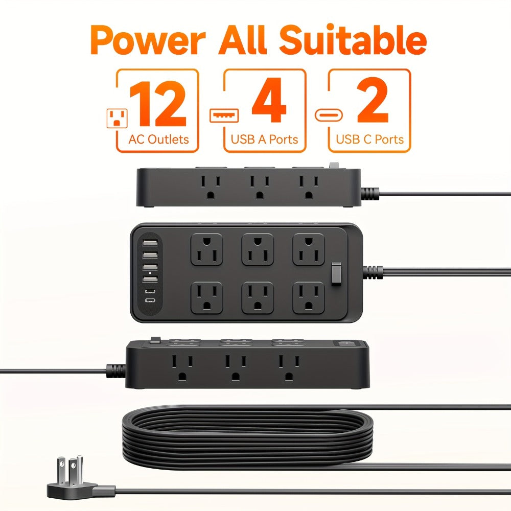 Power Strip 18-in-1 Charging Station with 12 AC Outlets, 4 USB-A, 2 USB-C and 5-Foot Flat-Plug Cord