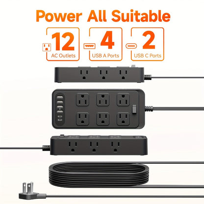Power Strip 18-in-1 Charging Station with 12 AC Outlets, 4 USB-A, 2 USB-C and 5-Foot Flat-Plug Cord