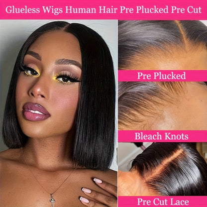 Bob Wig Human Hair 250% Density 4x4 HD Lace Straight Glueless Pre Cut Pre Plucked Wear and Go Natural Black for Women Daily Wear Party Music