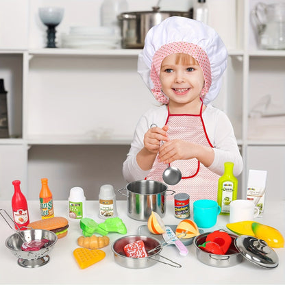 Kids Kitchen Playset 37pcs, Stainless Steel Play Pots & Pans Set with Apron, Chef Hat, Cooking Utensils & Play Food