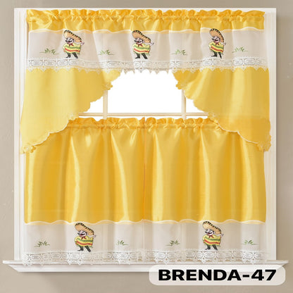 Kitchen Curtains 3 Piece Set Embroidered Satin Valance and Tiers – Rod Pocket Light Filtering Machine Washable 46 Colors