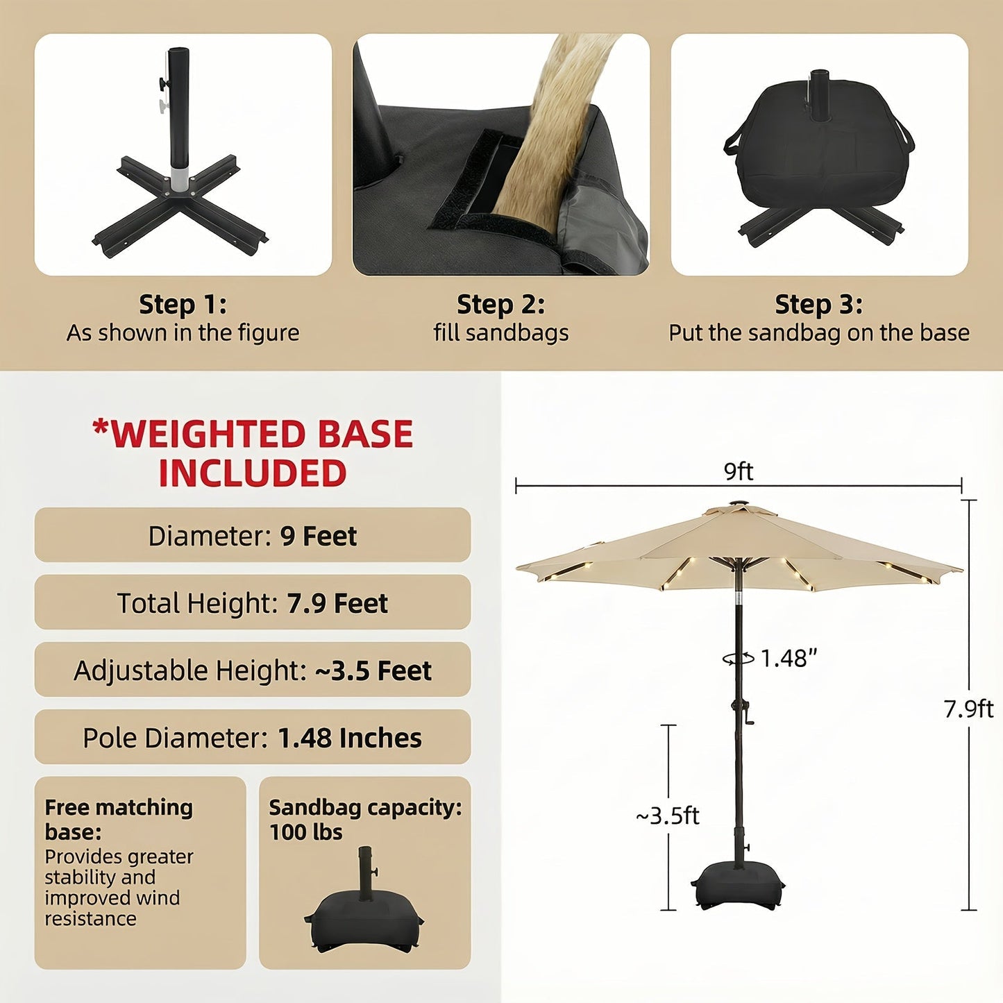 Patio Umbrella 9FT Solar LED Style with 32 Lights, Double Vent, Push Tilt, Crank and Eight Color Options