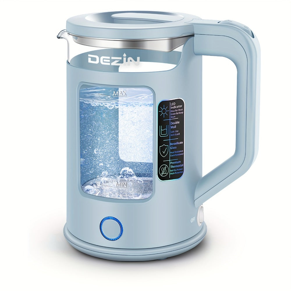 Glass Electric Kettle with Blue LED Light, 1.5L Borosilicate Glass Water Boiler, Auto Shut-Off & Boil-Dry Protection