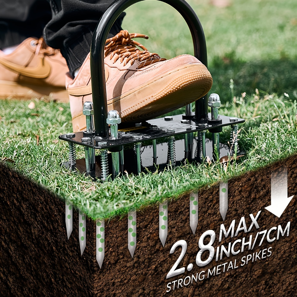 Self-Cleaning Lawn Aerator with 14 Iron Spikes – Spring-Loaded Auto-Clean Mechanism for Leaves & Dirt, Manual Soil Loosening Tool for Patio